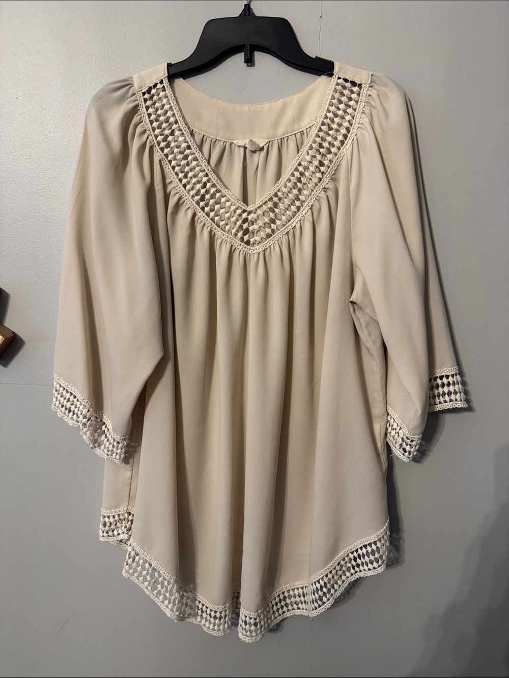 Womens Cream Crochet-Trim V-Neck Peasant Blouse xL